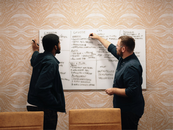 The ThinkStory team mapping the Orca messaging at the whiteboard, both teams in the room