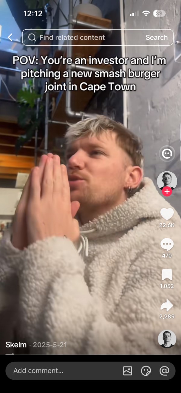 A TikTok video titled: POV you're an investor and I'm pitching a new smash burger joint in Cape Town