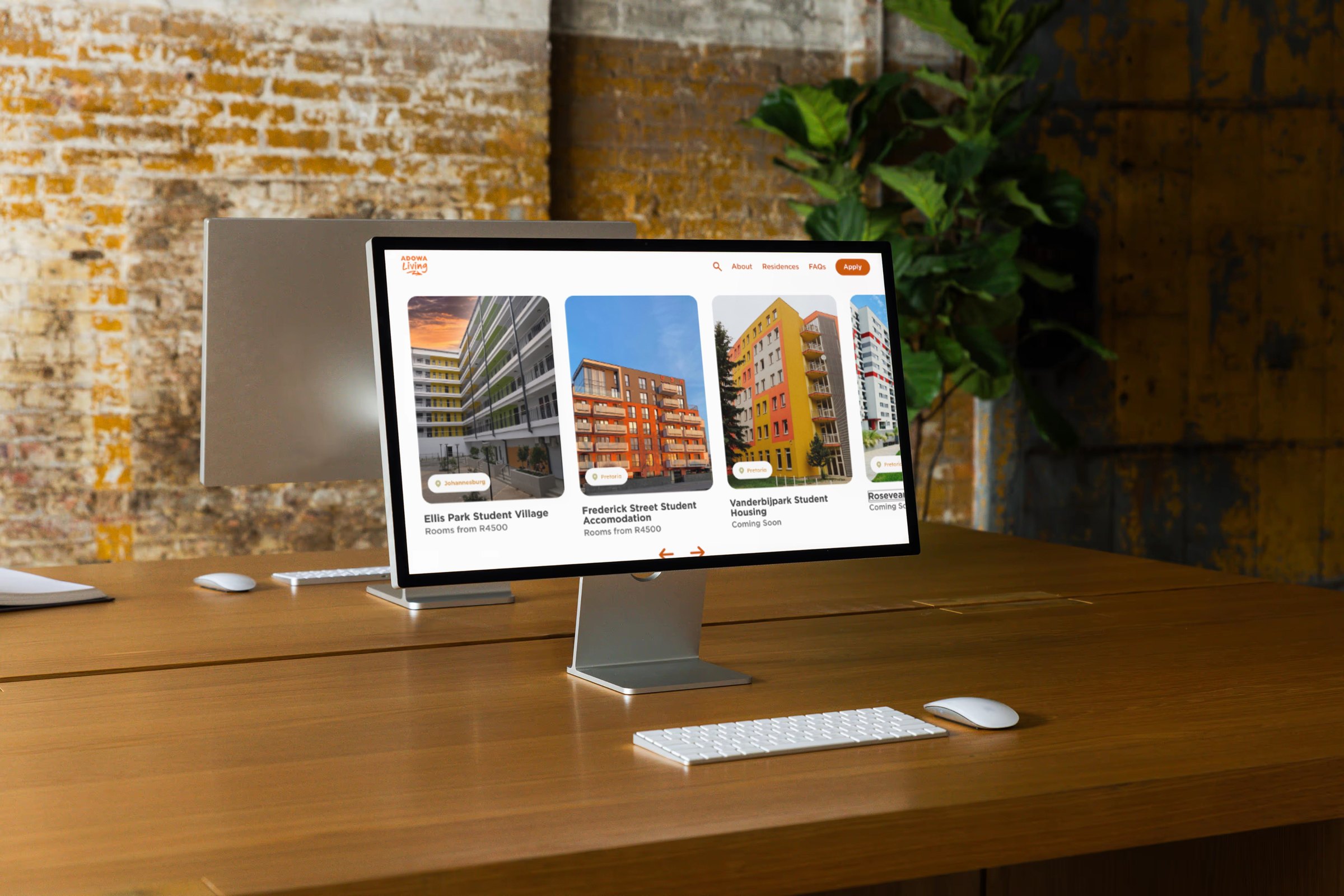 The ADOWA Living student portal listing residences in Johannesburg and Pretoria