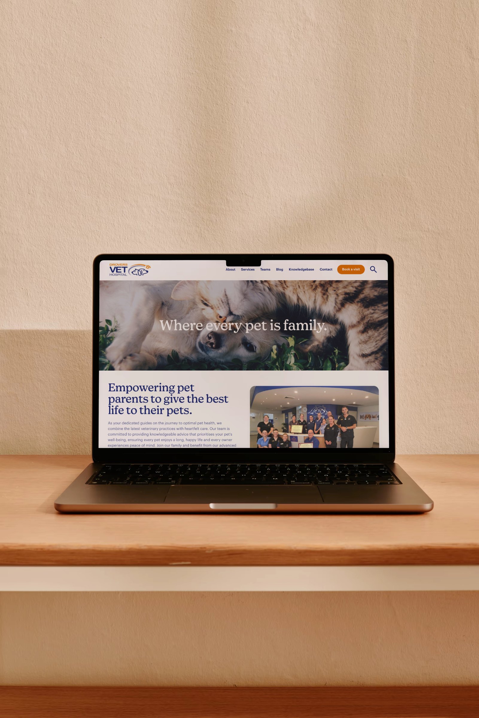 A Drovers Vet Hospital page on a laptop