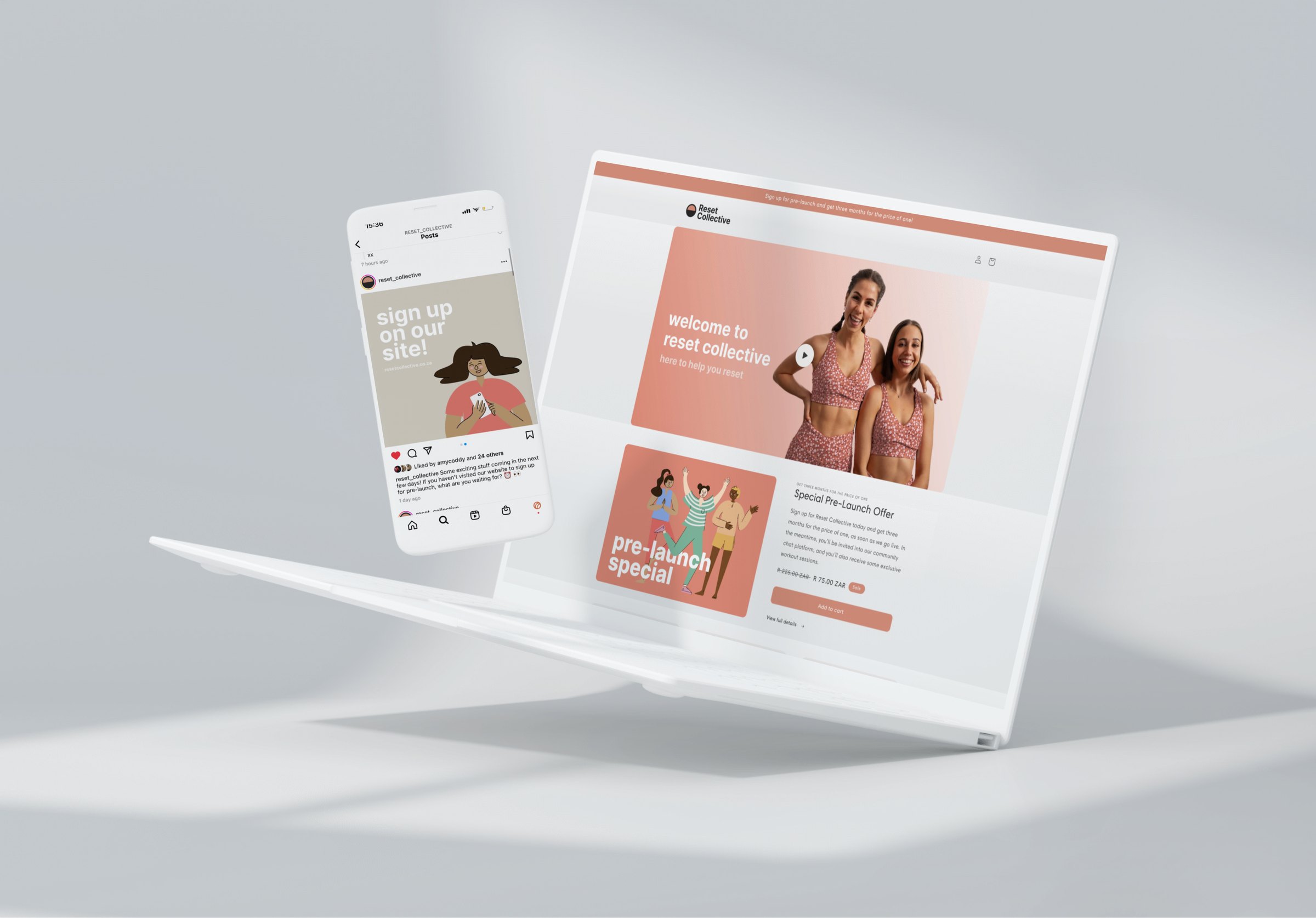 The Reset Collective site and Instagram on a phone and laptop