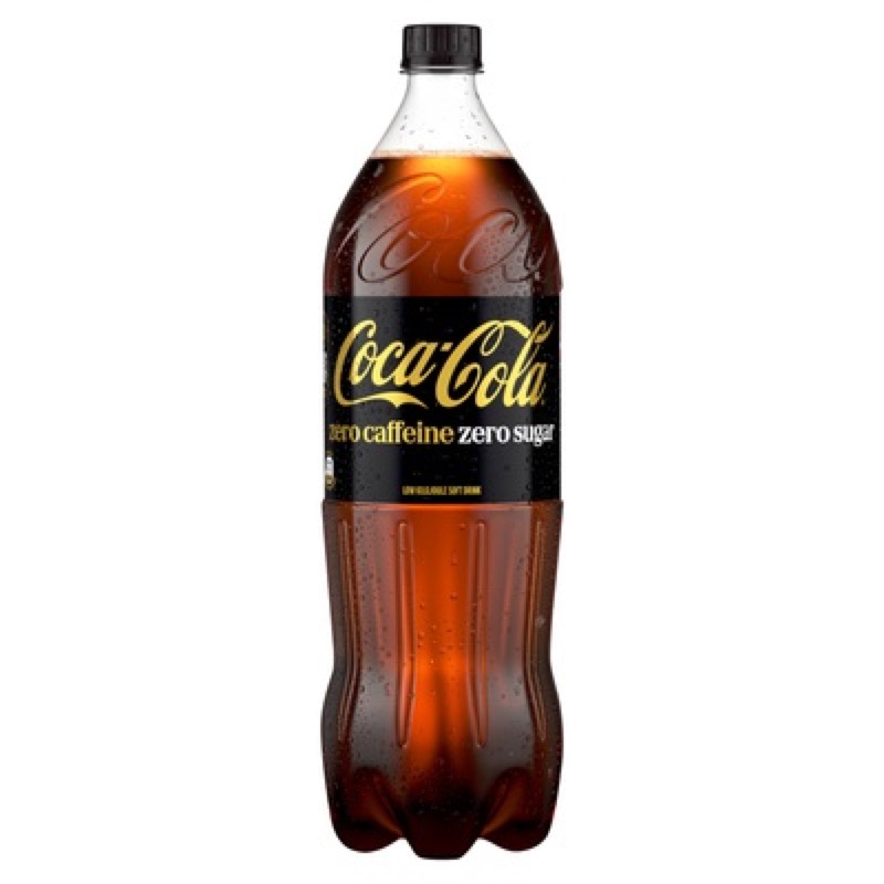The new Coca-Cola Zero Sugar Zero Caffeine bottle with a black and gold label